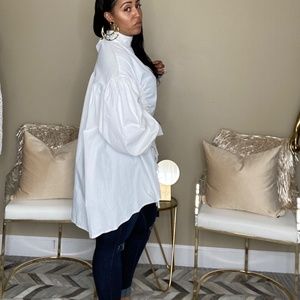 Poplin Puff Sleeve Top-White